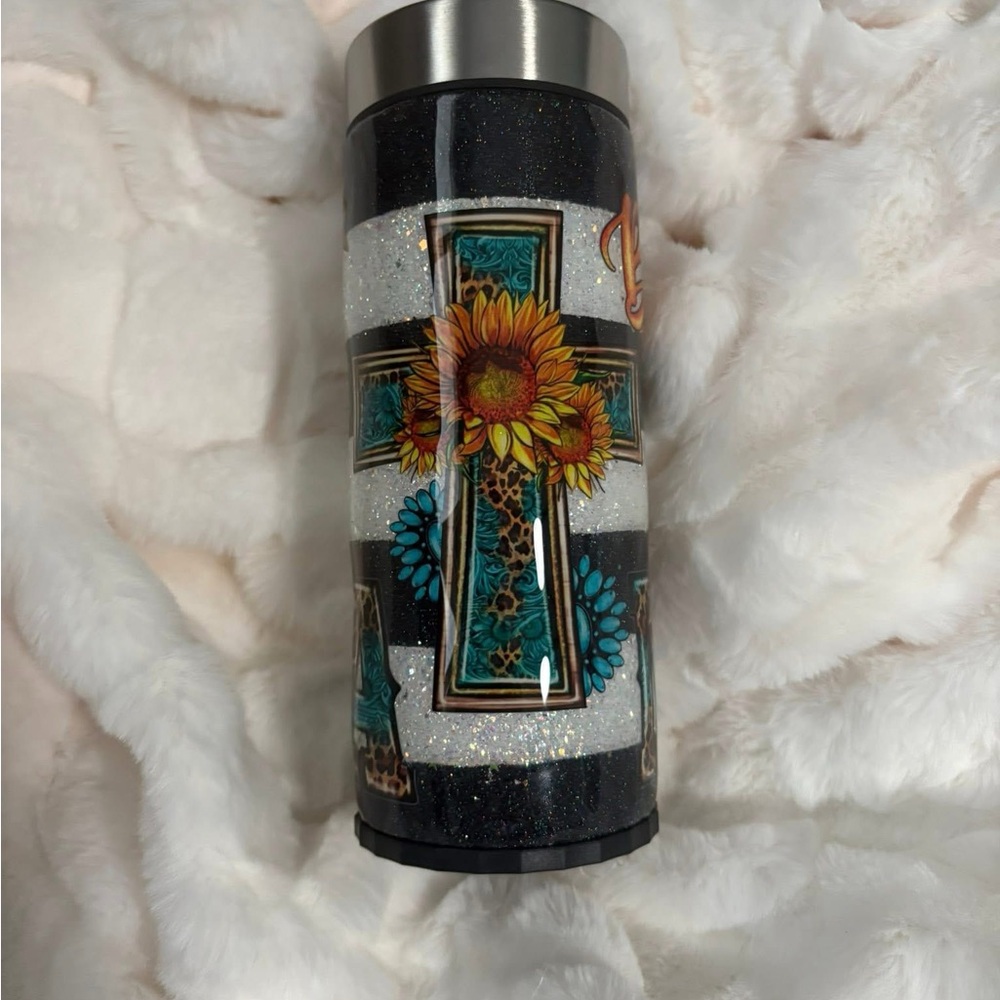 Floral Cross Tumbler with Sunflower Design